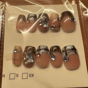 Press On Nails False Nail Set w Rhinestones Brown‎ Beige Short Oval